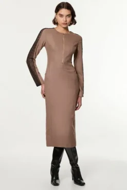 Petite Tailored Twill Lace Mix Zip Front Midi Dress
