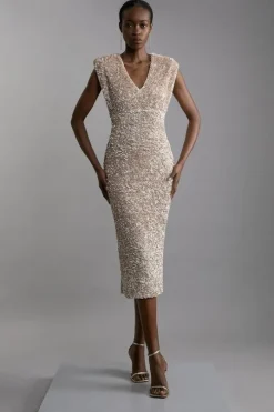 Petite Textured Sequin Sleeveless Midi Dress