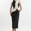 Petite Textured Tailored Contrast Taffeta Ruffle Maxi Dress