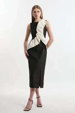 Petite Textured Tailored Contrast Taffeta Ruffle Maxi Dress