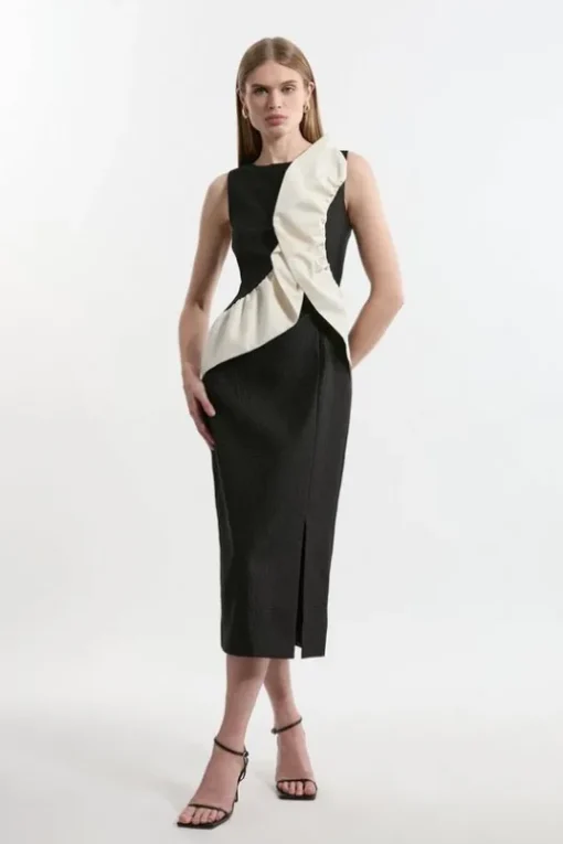 Petite Textured Tailored Contrast Taffeta Ruffle Maxi Dress