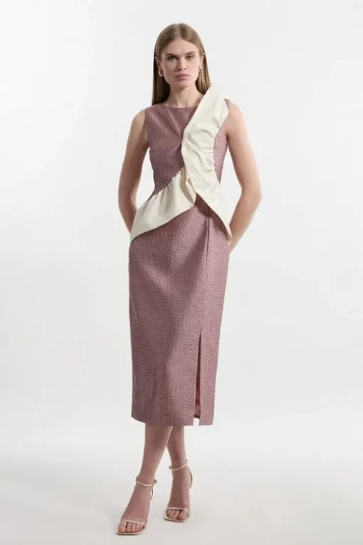 Petite Textured Tailored Contrast Taffeta Ruffle Maxi Dress