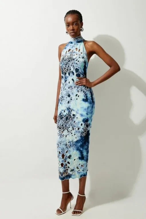 Petite Tie Dye Cutwork Twill Woven Halter Midi