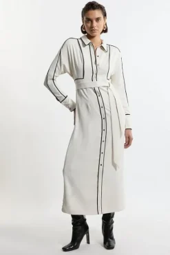 Petite Twill Contrast Piping Woven Midi Dress