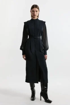 Petite Twill Pencil Woven Midi With Crinkle Sleeve