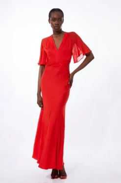 Petite Twist Front Satin And Georgette Mix Woven Maxi Dress