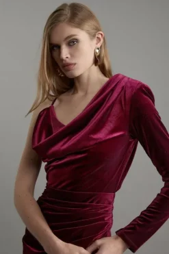 Petite Velvet Asymmetric One Shoulder Tailored Maxi Dress