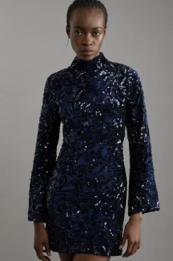 Petite Velvet Sequin Flare Woven Mini Dress