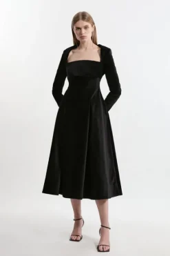Petite Velvet Tailored Pleat Full Skirted Midaxi Dress