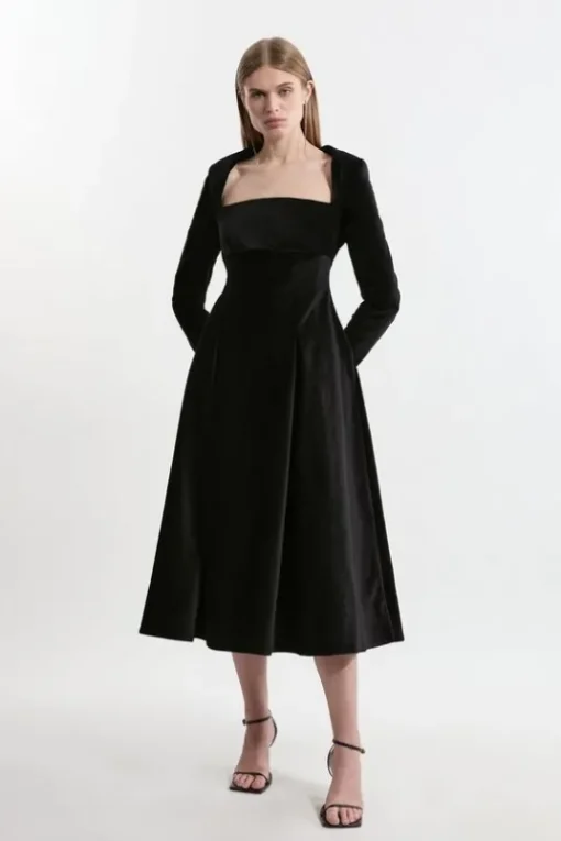 Petite Velvet Tailored Pleat Full Skirted Midaxi Dress