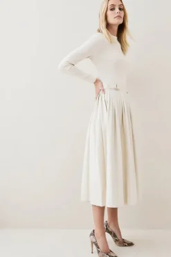 Petite Viscose Blend Knit Pu Pleated Skirt Maxi Dress