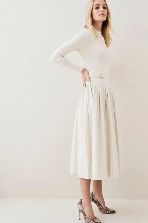 Petite Viscose Blend Knit Pu Pleated Skirt Maxi Dress
