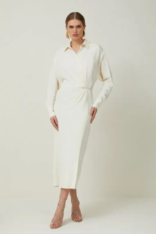 Petite Viscose Crepe Long Sleeve Woven Midi Shirt Dress