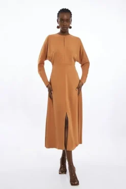 Petite Viscose Crepe Long Sleeve Midi Dress