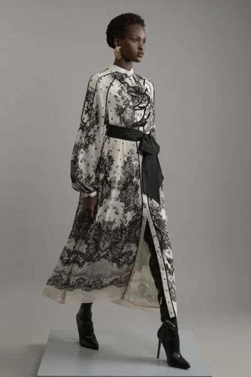 Petite Viscose Crinkle Placed Lace Printed Woven Midaxi Dress