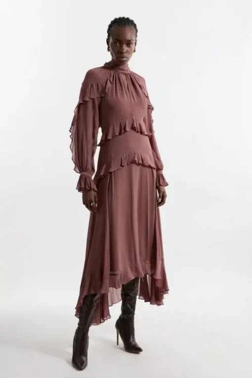 Petite Viscose Georgette Ruffle Detail Drama Woven Dress
