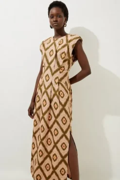 Petite Viscose Linen Woven Strong Shoulder Midi Dress