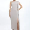Petite Viscose Satin Back Crepe Tailored One Shoulder Cape Maxi Dress