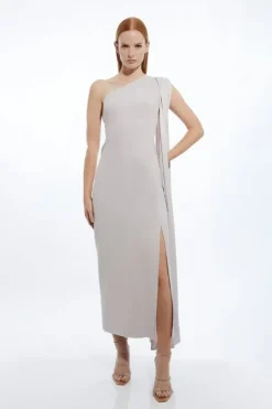 Petite Viscose Satin Back Crepe Tailored One Shoulder Cape Maxi Dress