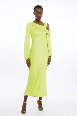 Petite Viscose Satin One Shoulder Draped Midi Dress