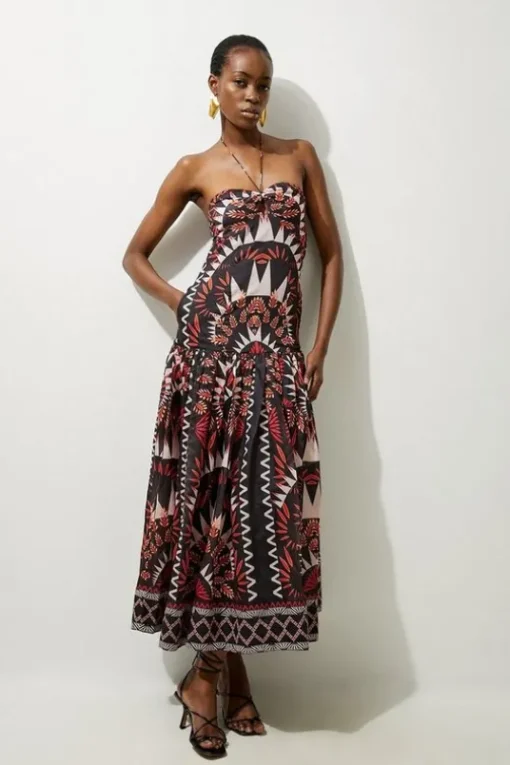 Petite Voile Mirrored Batik Woven Strappy Maxi Dress