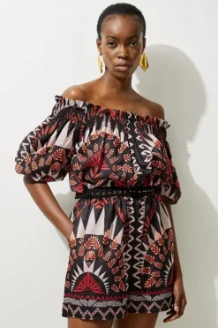 Petite Voile Mirrored Batik Off The Shoulder Woven Romper