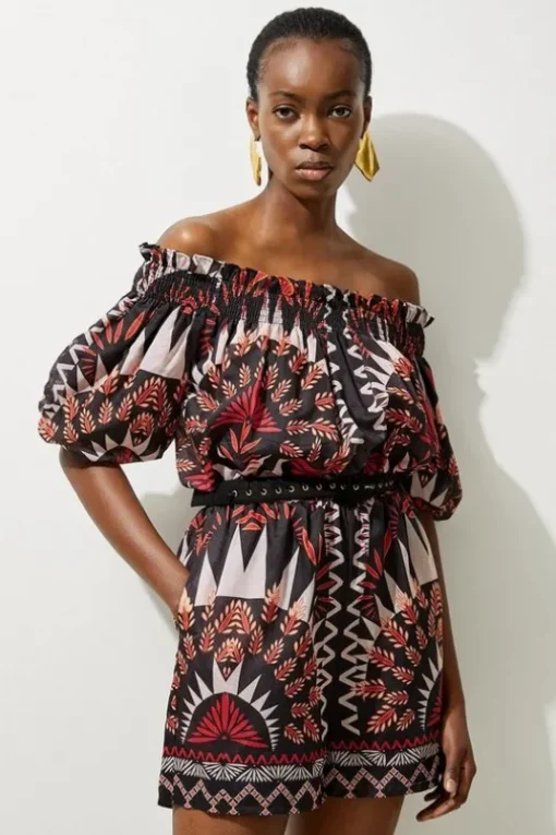 Petite Voile Mirrored Batik Off The Shoulder Woven Romper