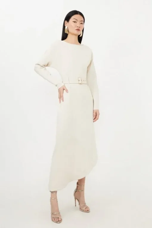 Petite Waterfall Hem Belted Ponte Jersey Maxi Dress