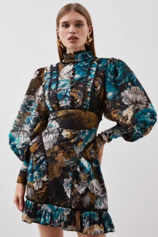 Petite Winter Floral Printed Woven Mini Dress