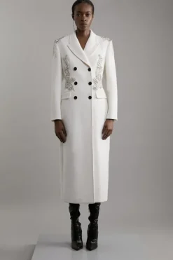 Petite Wool Blend Crystal Embellished Double Breasted Tailored Maxi Coat