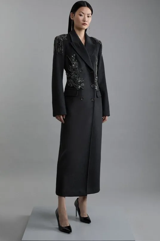 Petite Wool Blend Crystal Embellished Double Breasted Tailored Maxi Coat