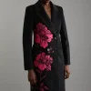 Petite Wool Blend Taffeta Applique Embellished Double Breasted Tailored Coat