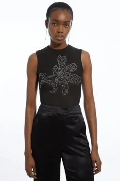 Placed Embellished Floral Mesh Jersey Bodysuit