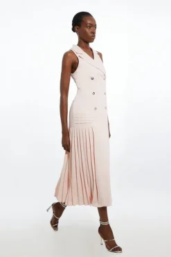 Pleated Button Detail Sleeveless Woven Midi Dress