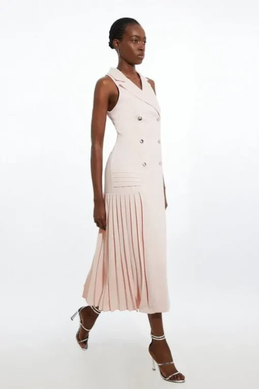 Pleated Button Detail Sleeveless Woven Midi Dress
