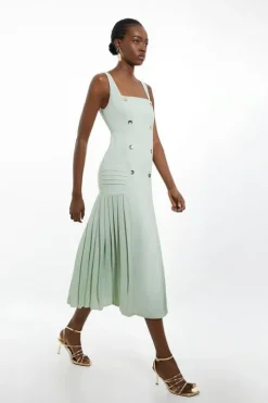 Pleated Button Detail Strappy Woven Midi Dress