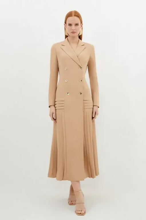 Pleated Button Detailed Woven Midi Dress