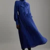 Pleated Woven Belted Tie Neck Midaxi Shirt Dress