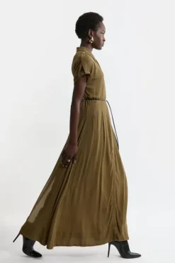 Pleated Woven Viscose Midaxi Shirt Dress