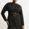 Plus Belted Pu And Ponte Jersey Frill Hem Mini Dress