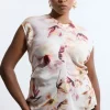 Plus Size Abstract Floral Satin Crepe Woven Gathered Detail Top