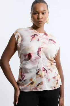 Plus Size Abstract Floral Satin Crepe Woven Gathered Detail Top