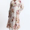 Plus Size Abstract Floral Satin Crepe Woven Long Sleeve Midi Dress