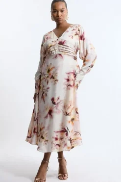 Plus Size Abstract Floral Satin Crepe Woven Long Sleeve Midi Dress