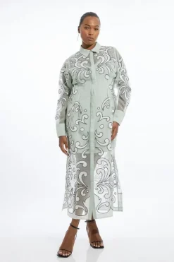 Plus Size Applique Organdie Woven Midi Shirt Dress
