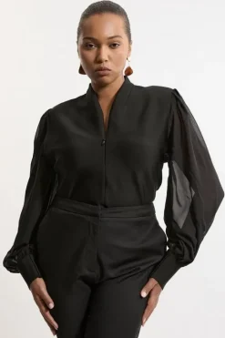 Plus Size Bandage Figure Form Zip Detail Chiffon Sleeve Knit Top