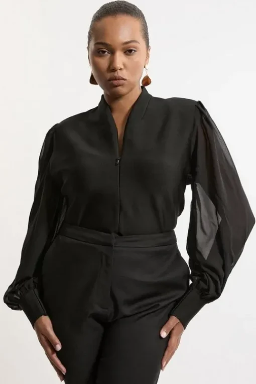 Plus Size Bandage Figure Form Zip Detail Chiffon Sleeve Knit Top