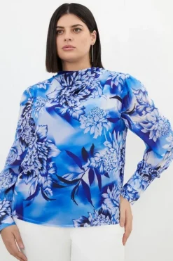 Plus Size Blue Rose Pleated Georgette Woven Blouse