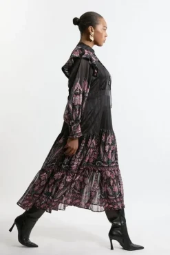 Plus Size Boho Floral Woven Midaxi Dress With Lace Front Detail