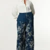 Plus Size Border Print Viscose Piped Woven Wide Leg Pants